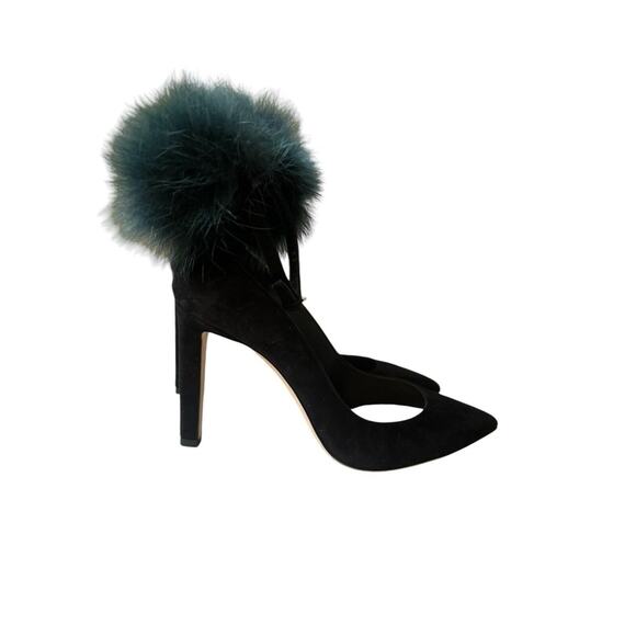 NEW Jimmy Choo Black Rosa 100 Fox Fur Pom-pom Suede D'orsay Ankle-strap Pumps 38 - Picture 4 of 8